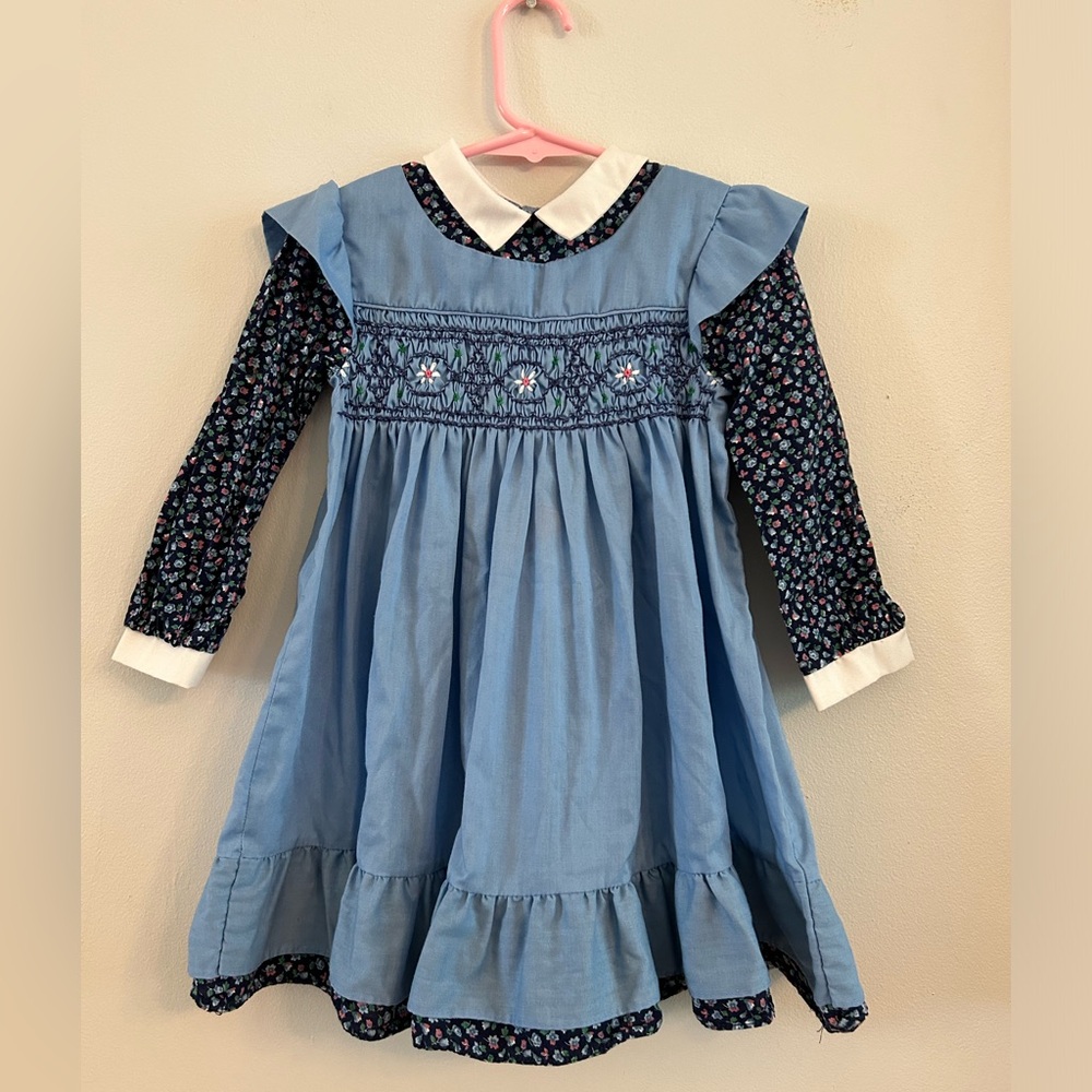 Vintage Polly Flinders Blue Smocked Floral Pinafore Long Sleeve Dress 4